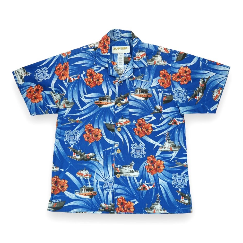 Vintage Kamp Shirt Men's Blue Hawaiian Boat Planes Button Up Short Sleeve Small